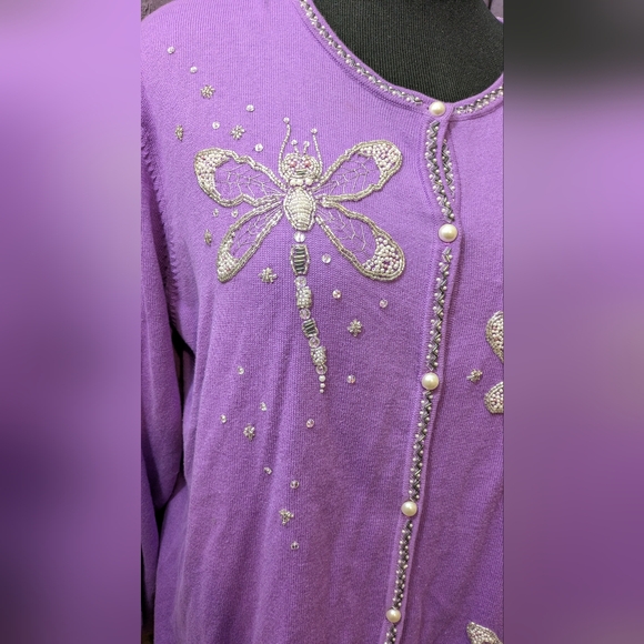 Beaded Dragonfly Embellished Purple Cardigan Sweater 1X - Picture 2 of 13